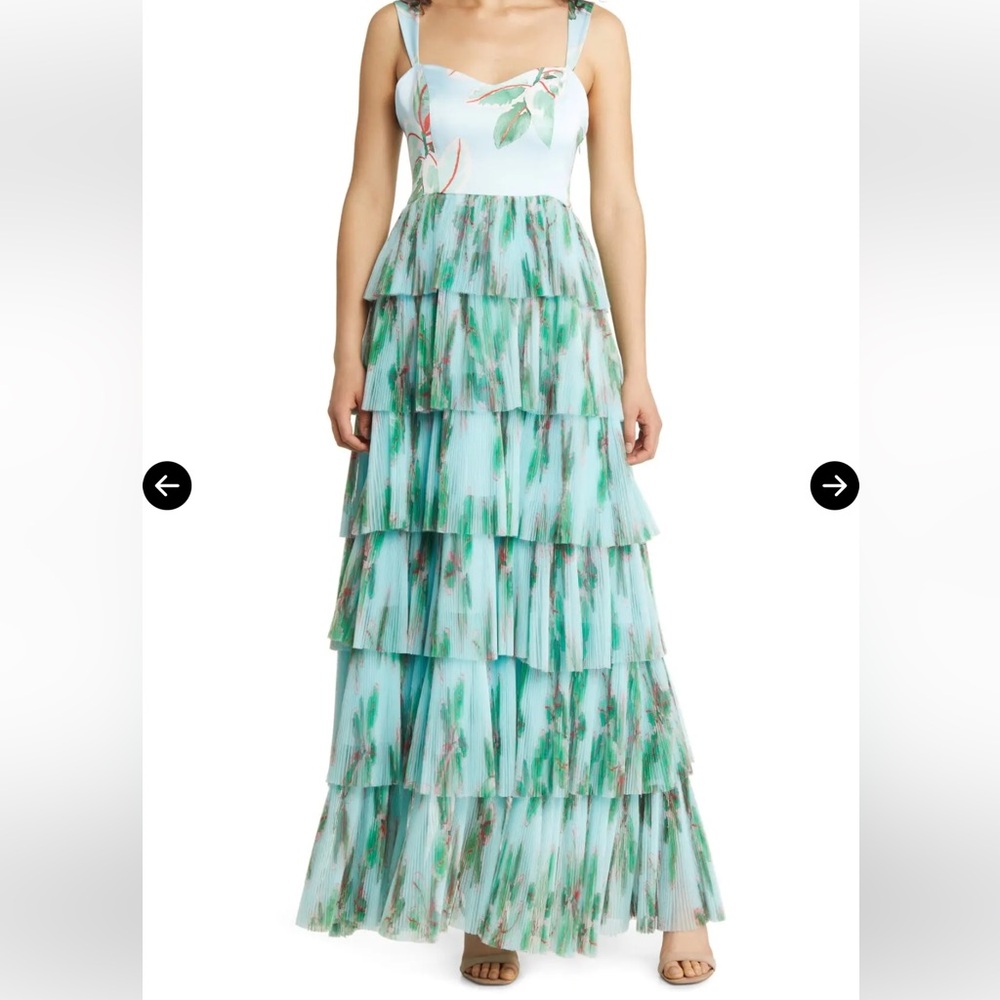 HUTCH‎ Anthropologie Mariah Floral Pleated Tulle Maxi Blue Dress Sz 2